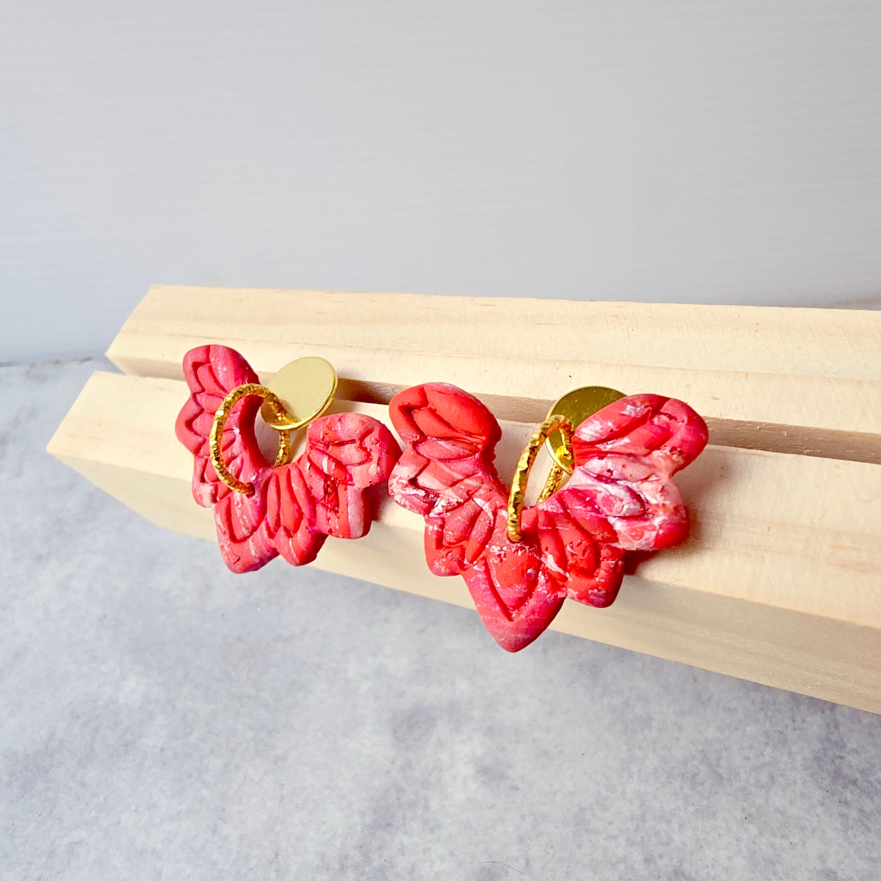 Red Marbled Floral 9k Gold Plated Earrings