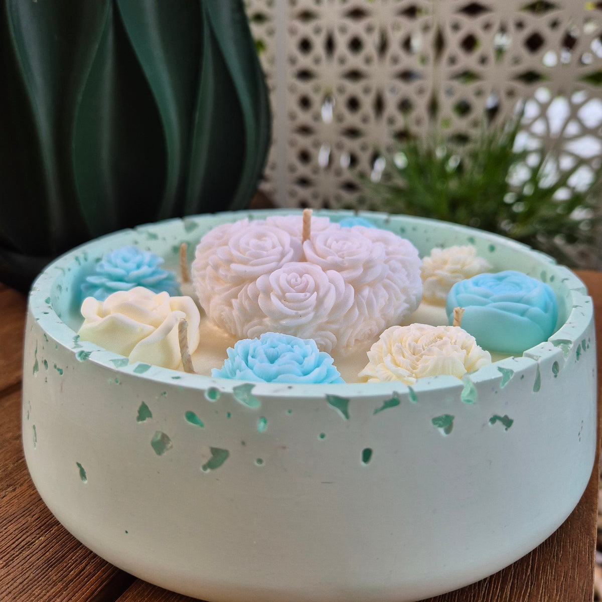 Large soy wax concrete bowl candle with white floral heart and roses