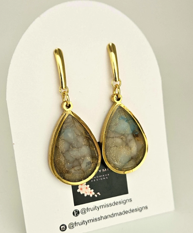 Teardrop Polymer Clay Earrings - Deep Stone with Slate Blue & Gold flecks