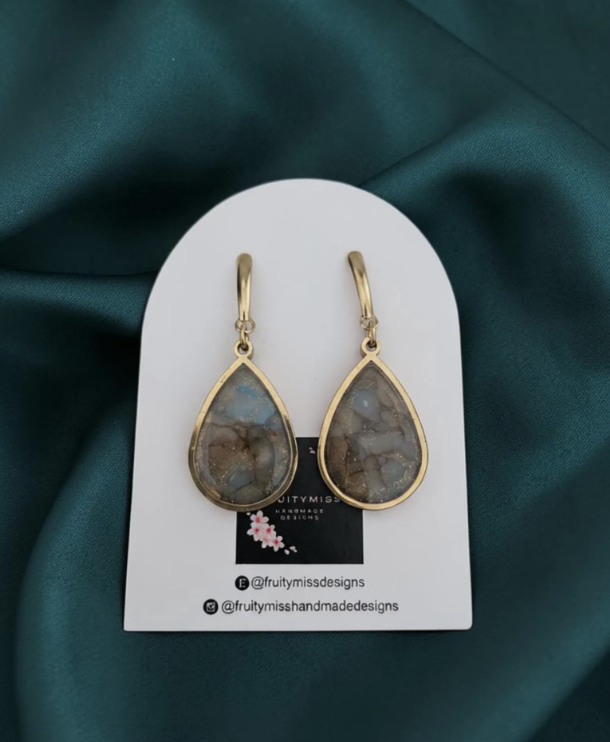 Teardrop Polymer Clay Earrings - Deep Stone with Slate Blue & Gold flecks
