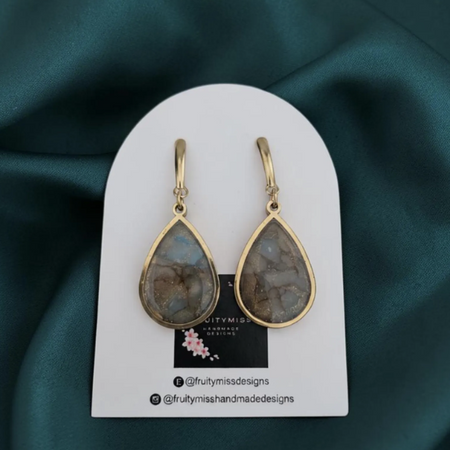 Teardrop Polymer Clay Earrings - Deep Stone with Slate Blue & Gold flecks
