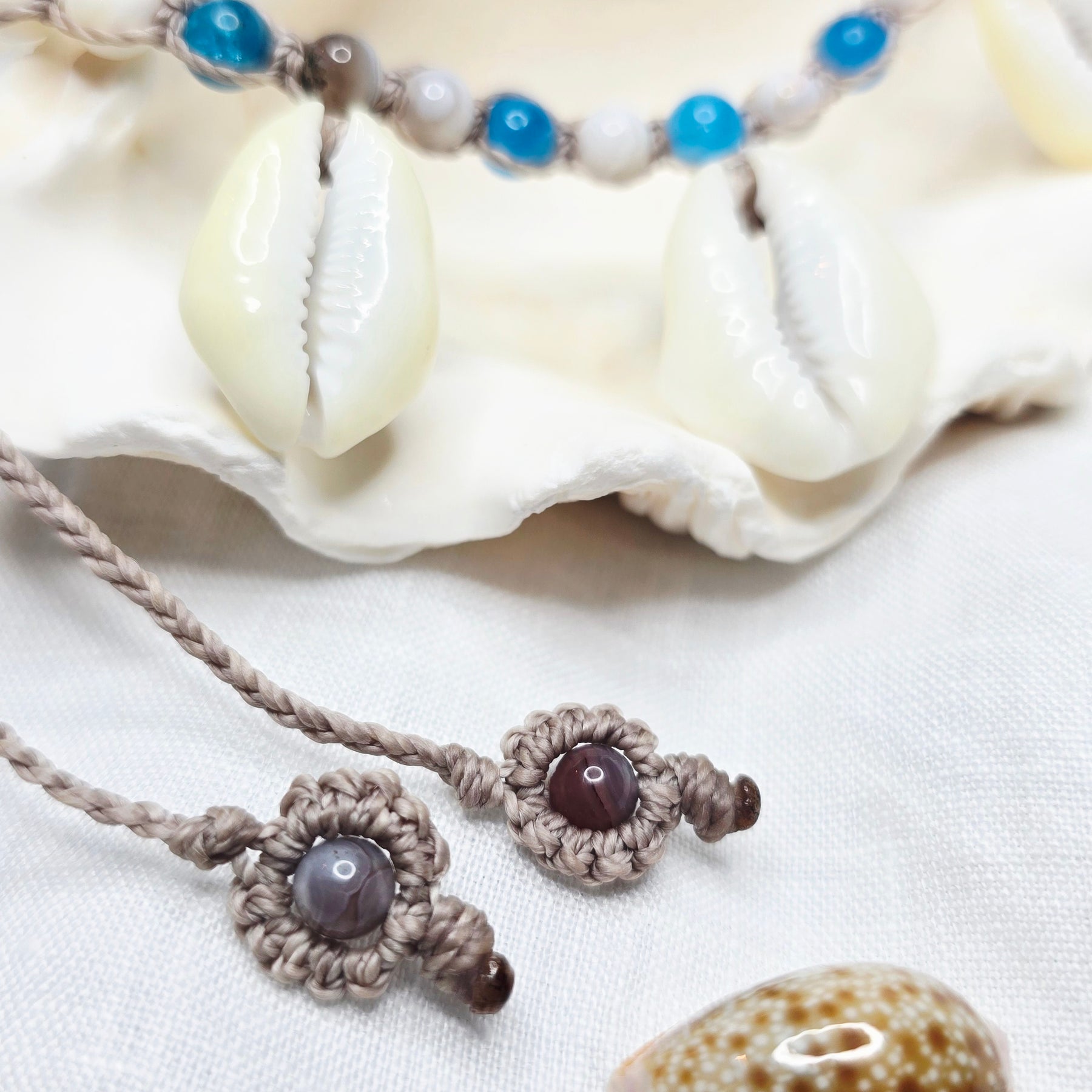 Cowrie Shell Macrame Necklace with Blue Apatite