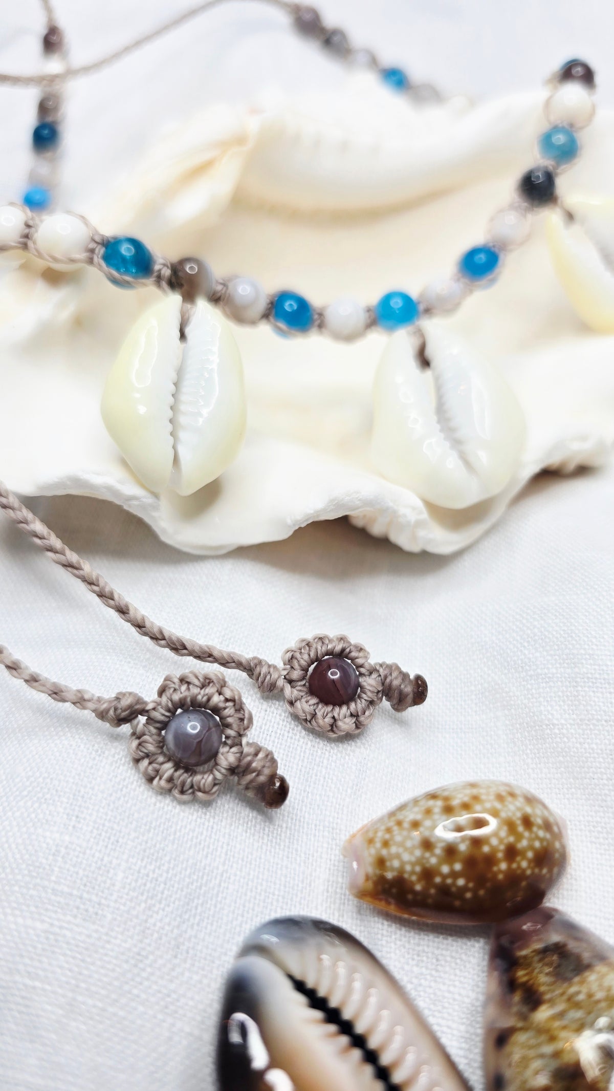 Cowrie Shell Macrame Necklace with Blue Apatite