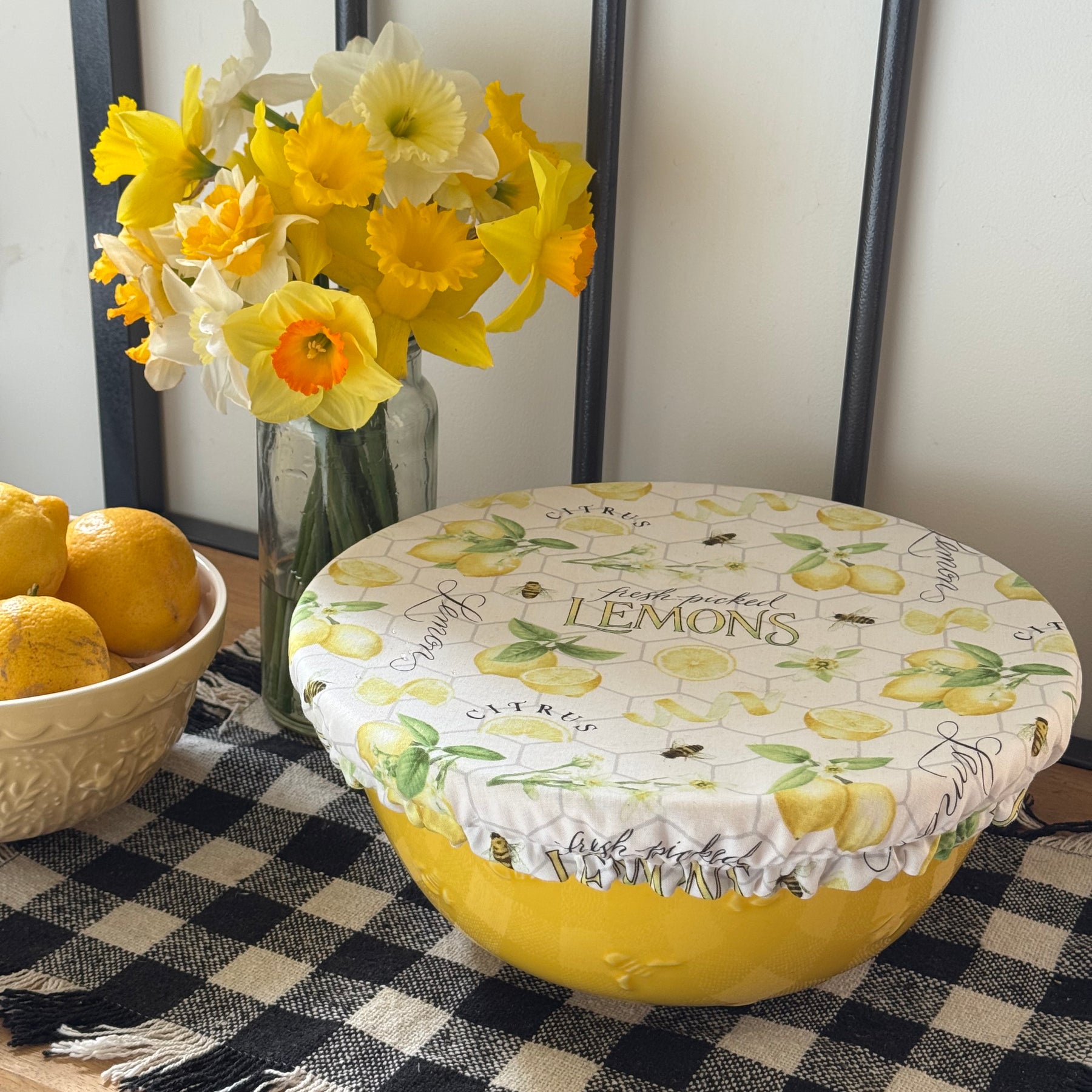 Fresh Picked Lemons Reversible Fabric Bowl Cover – Yellow Gingham – Handmade in Tasmania