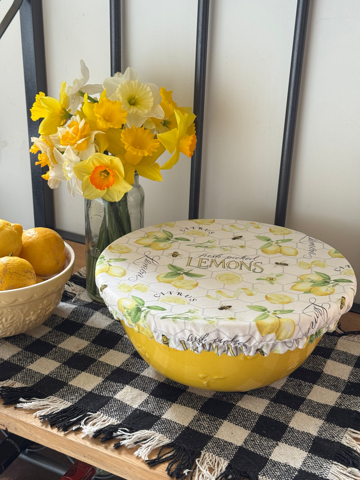 Fresh Picked Lemons Reversible Fabric Bowl Cover – Yellow Gingham – Handmade in Tasmania