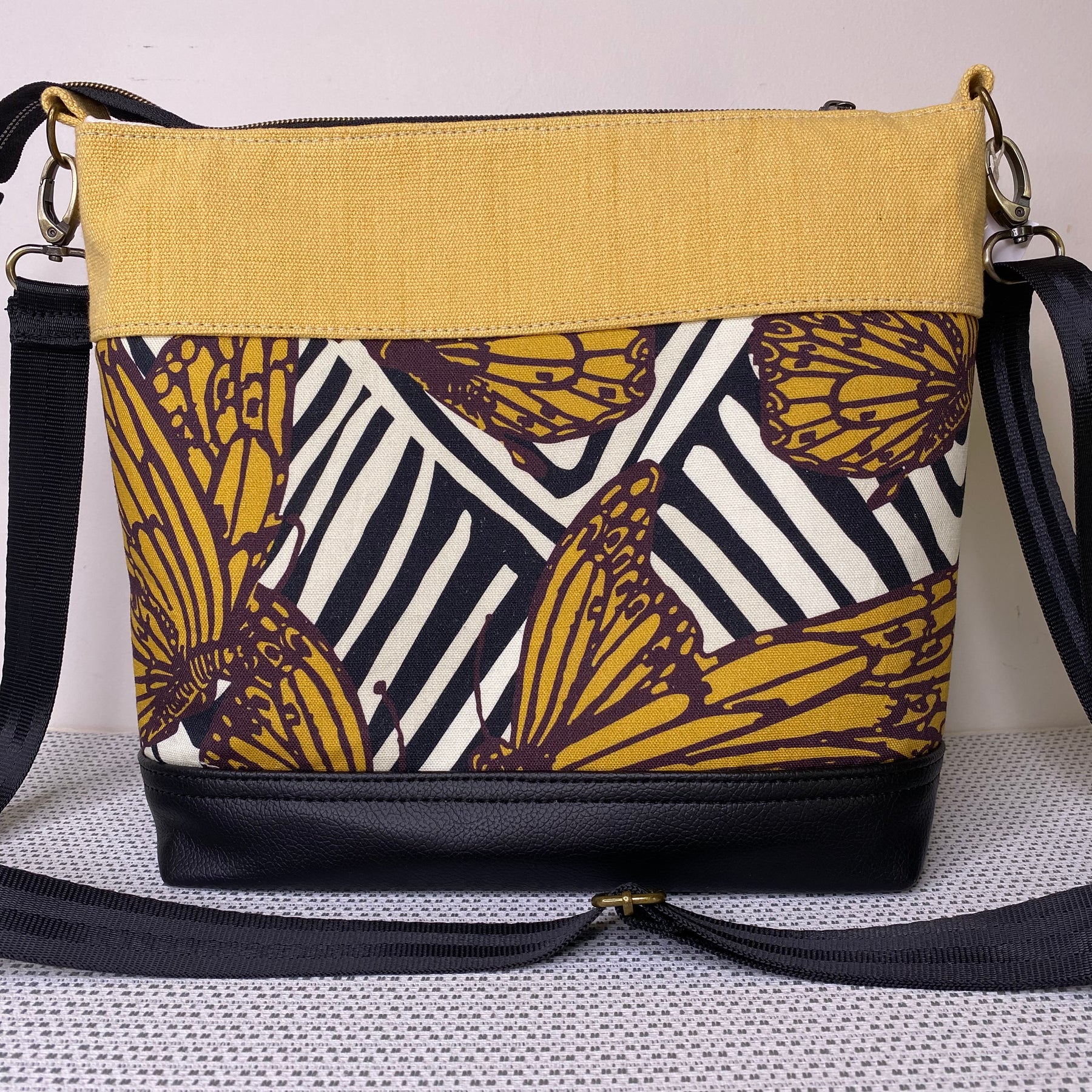 Lola Crossbody Bag - Monarch Butterfly and Plain Yellow Fabric with Black Faux Leather Base
