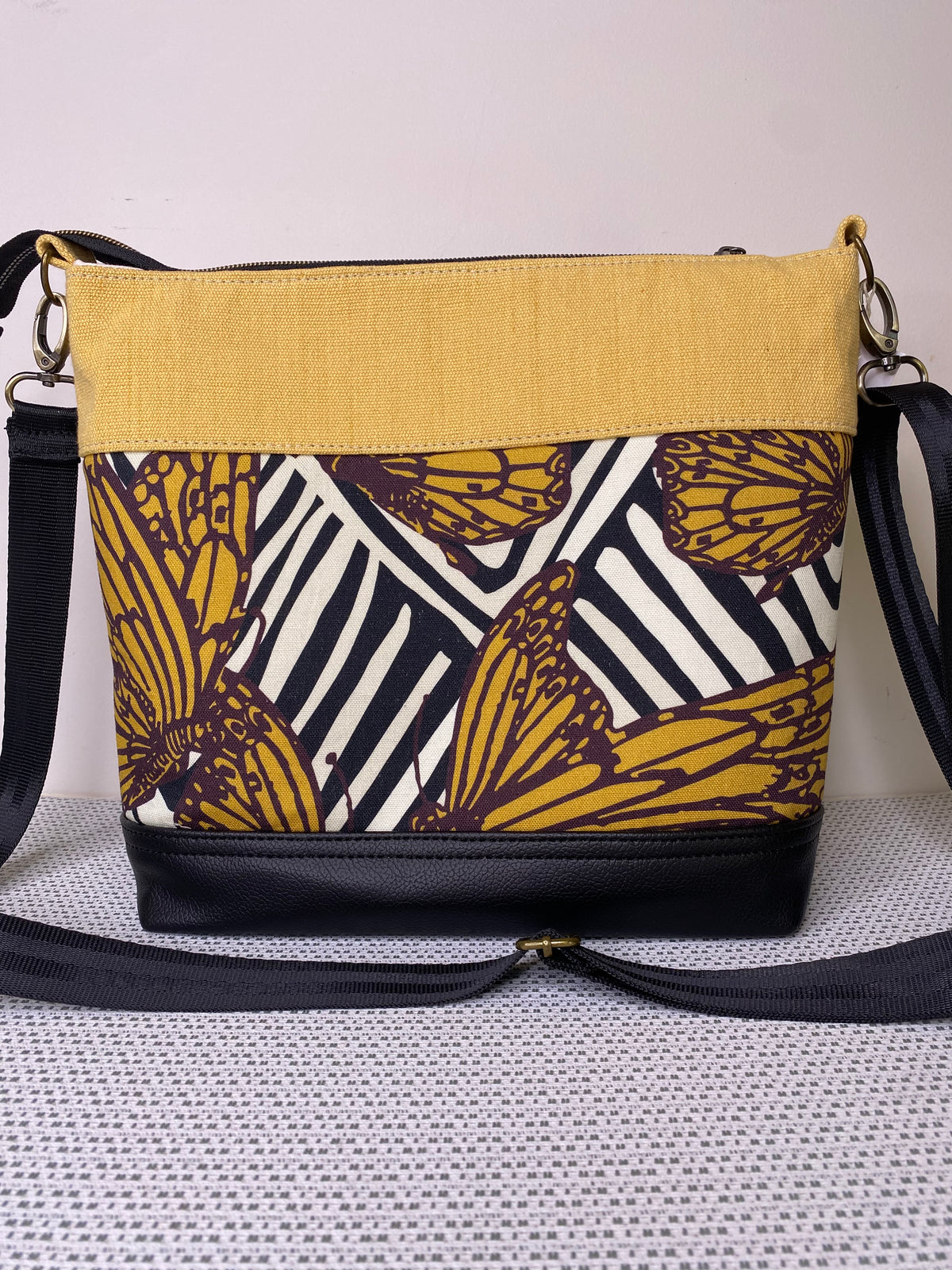 Lola Crossbody Bag - Monarch Butterfly and Plain Yellow Fabric with Black Faux Leather Base