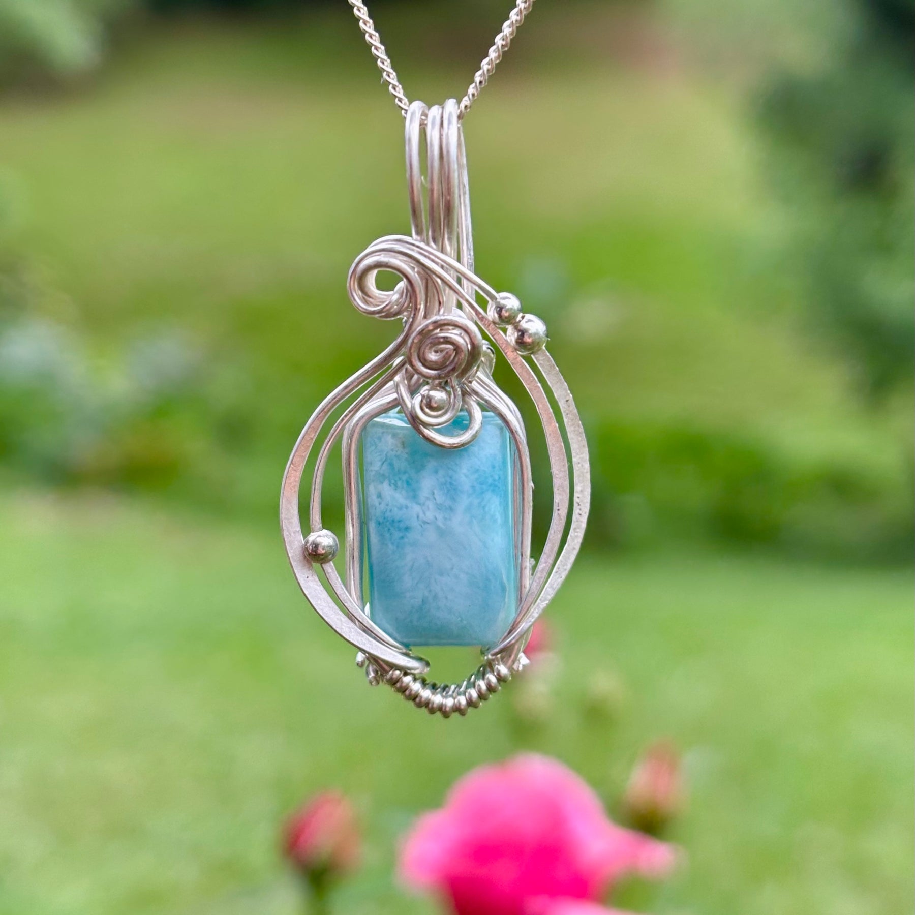 Simple silver Larimar crystal pendant