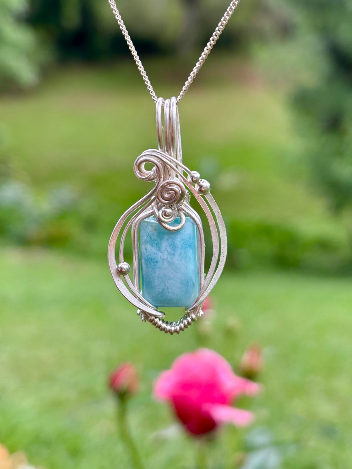 Simple silver Larimar crystal pendant