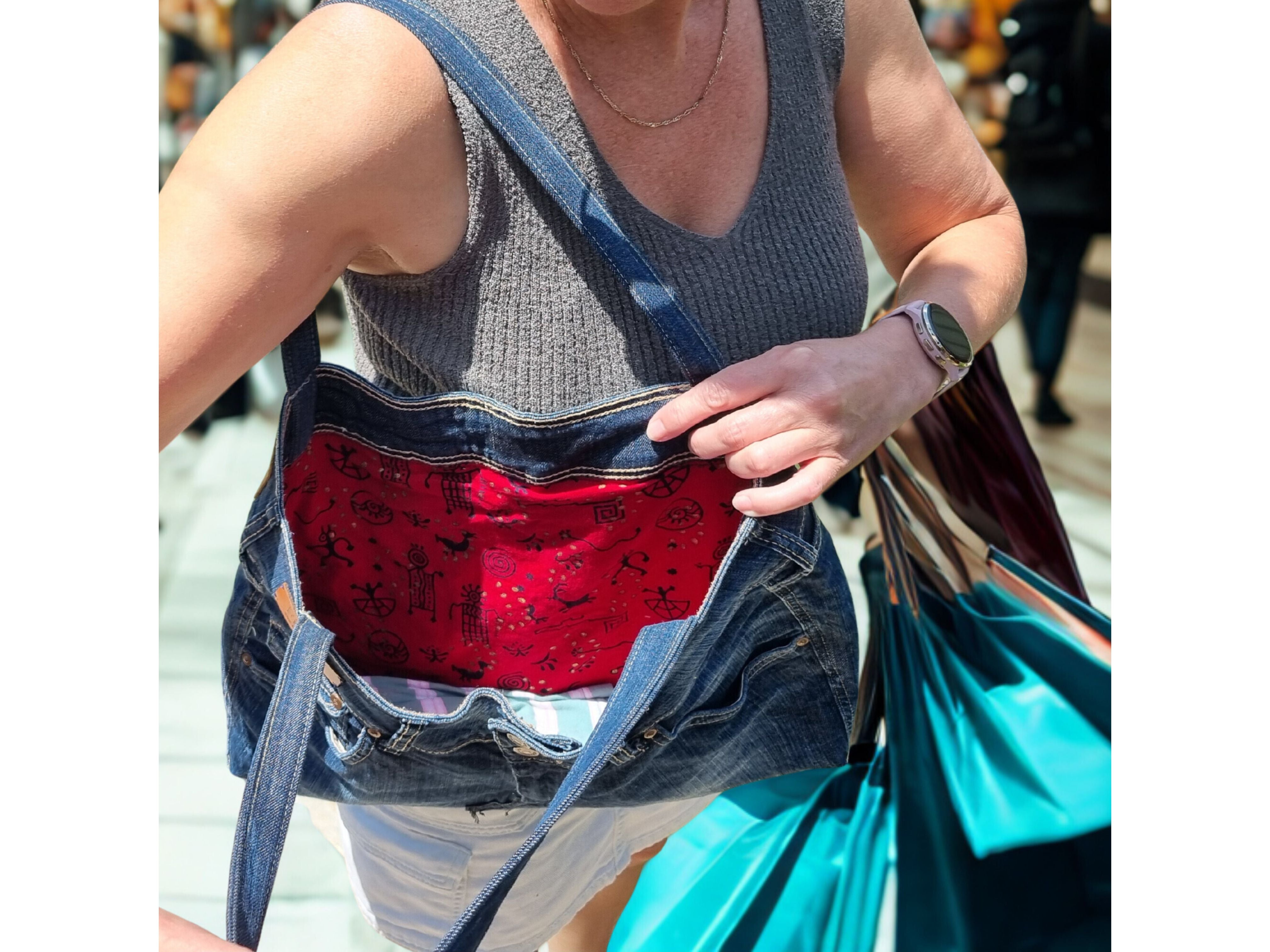 Denim Handbag with Red Lining