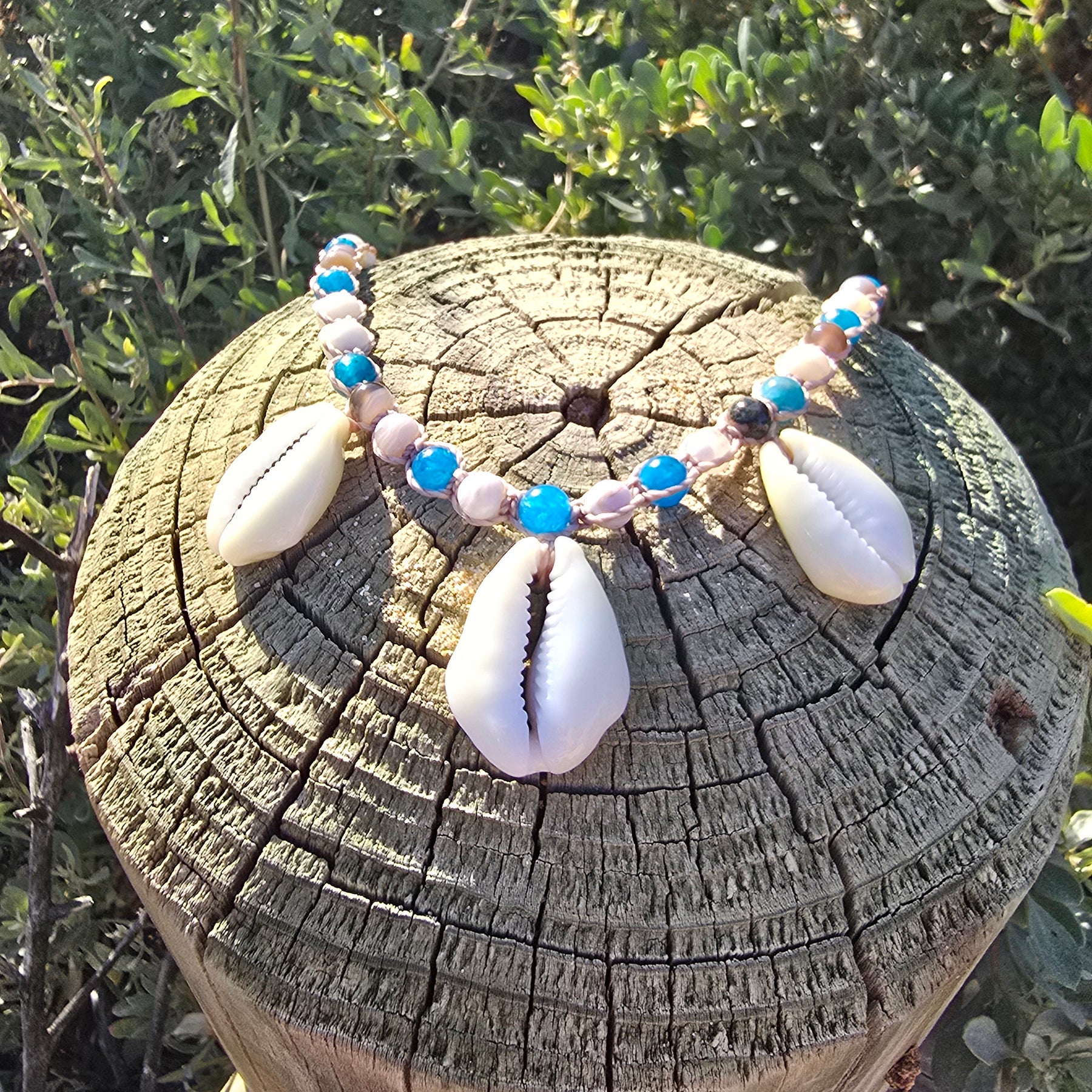 Cowrie Shell Macrame Necklace with Blue Apatite
