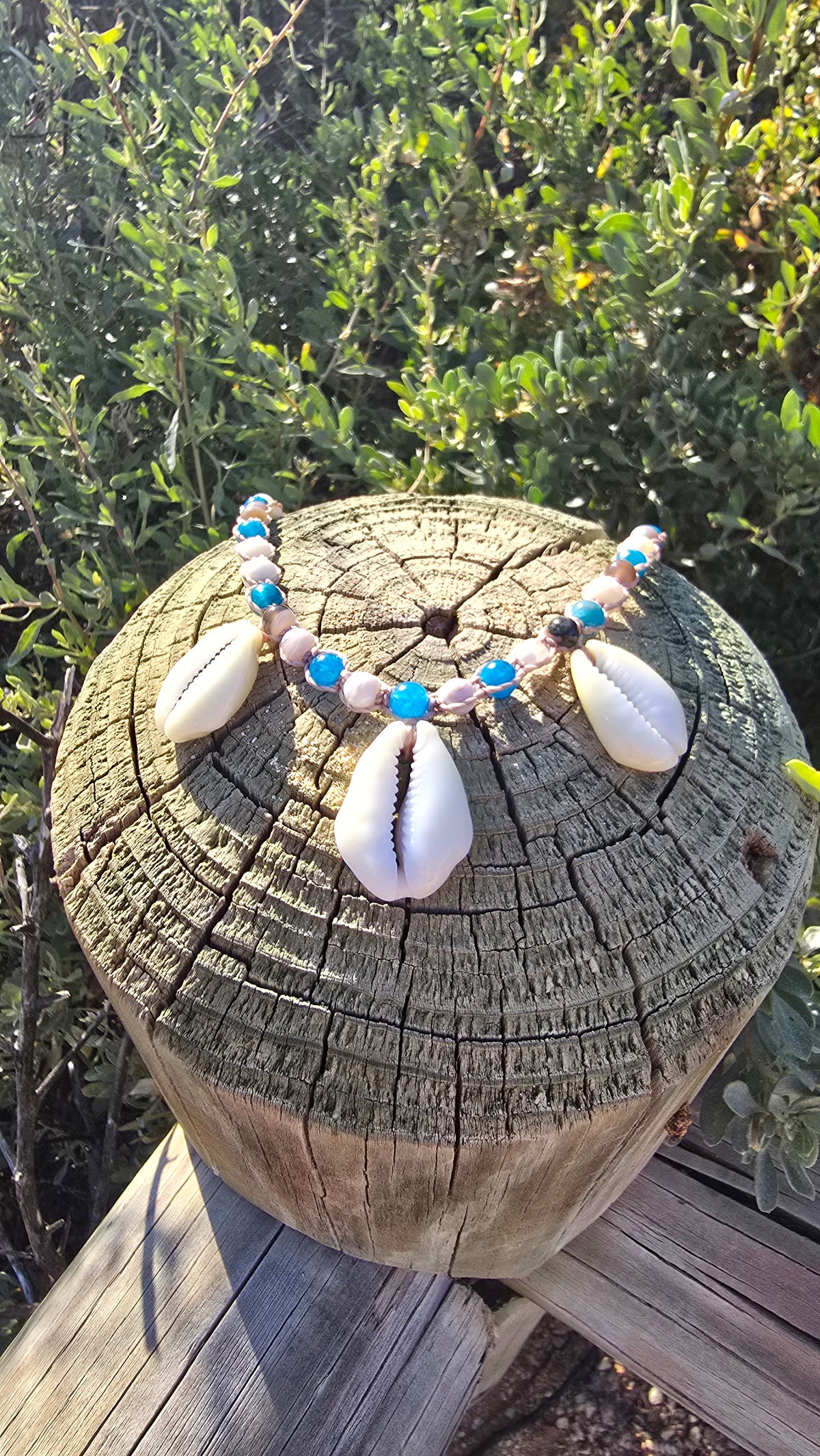 Cowrie Shell Macrame Necklace with Blue Apatite