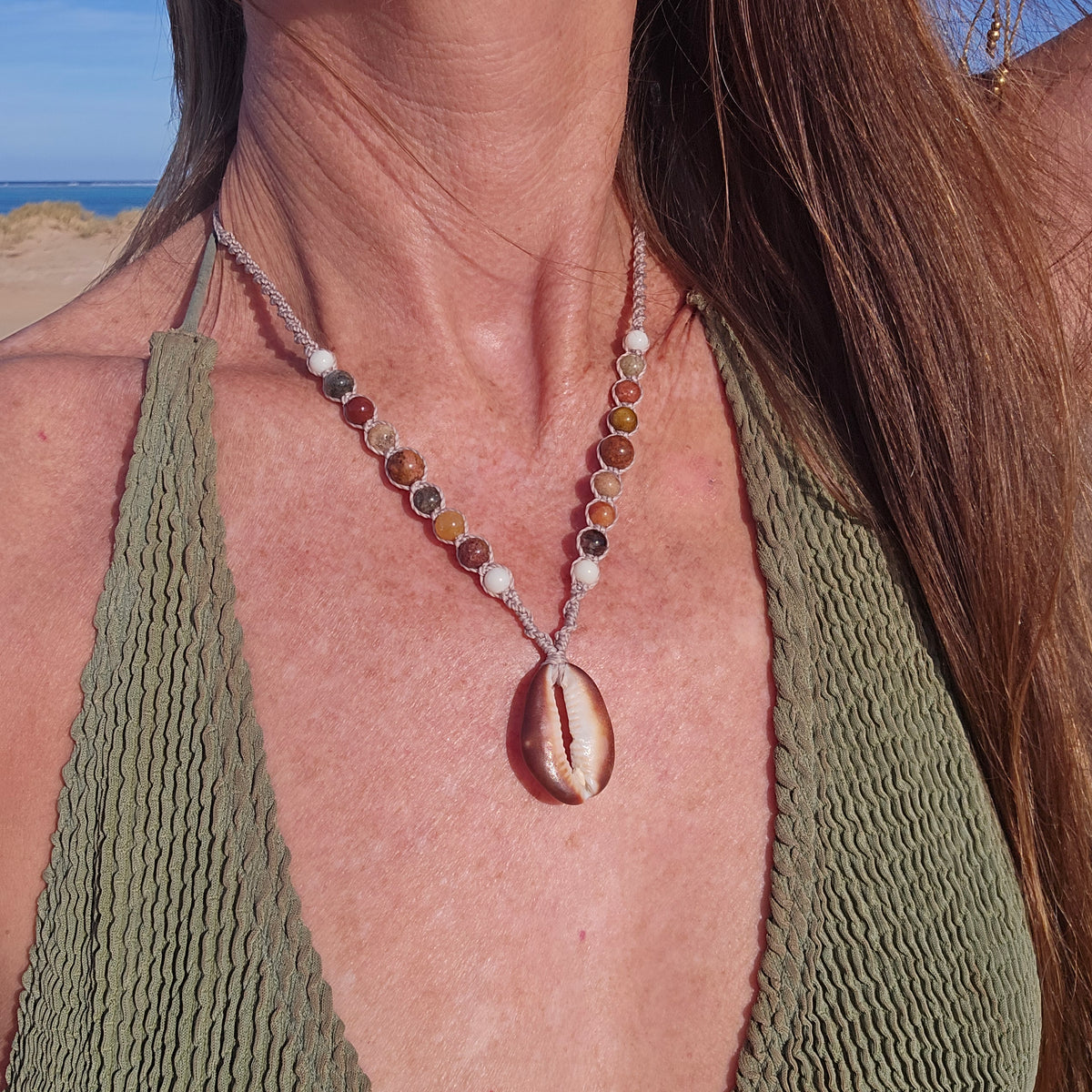 Cowrie Shell and Ocean Agate macrame Necklace