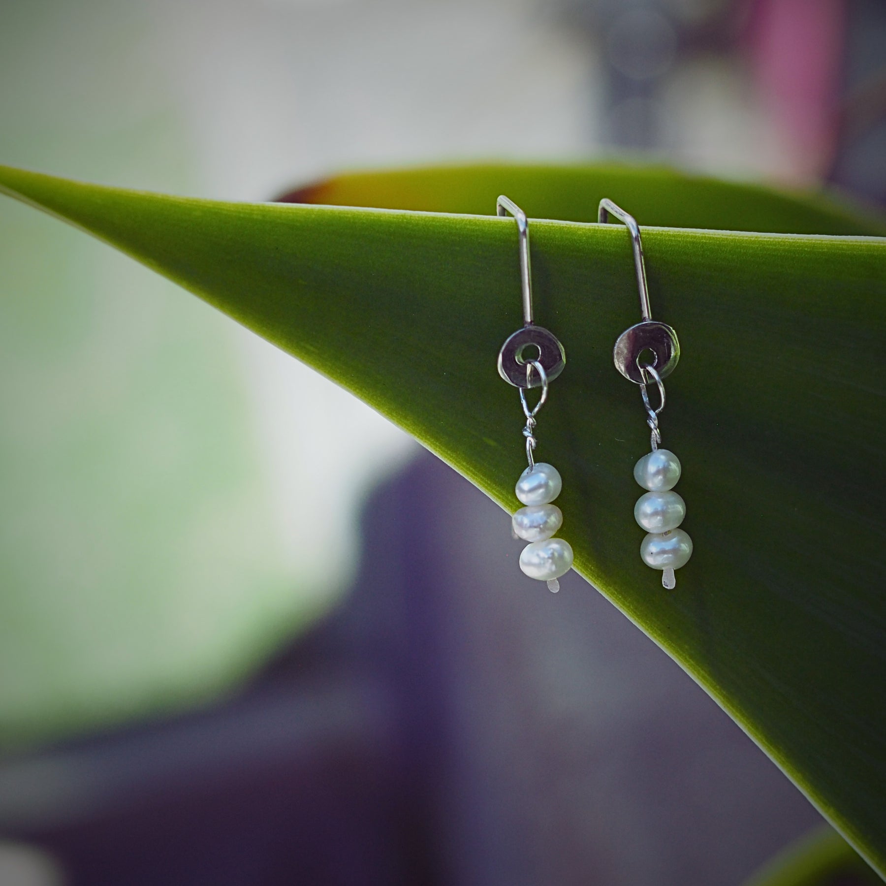 Geometric Threaded Pearl Earrings | Sterling Silver