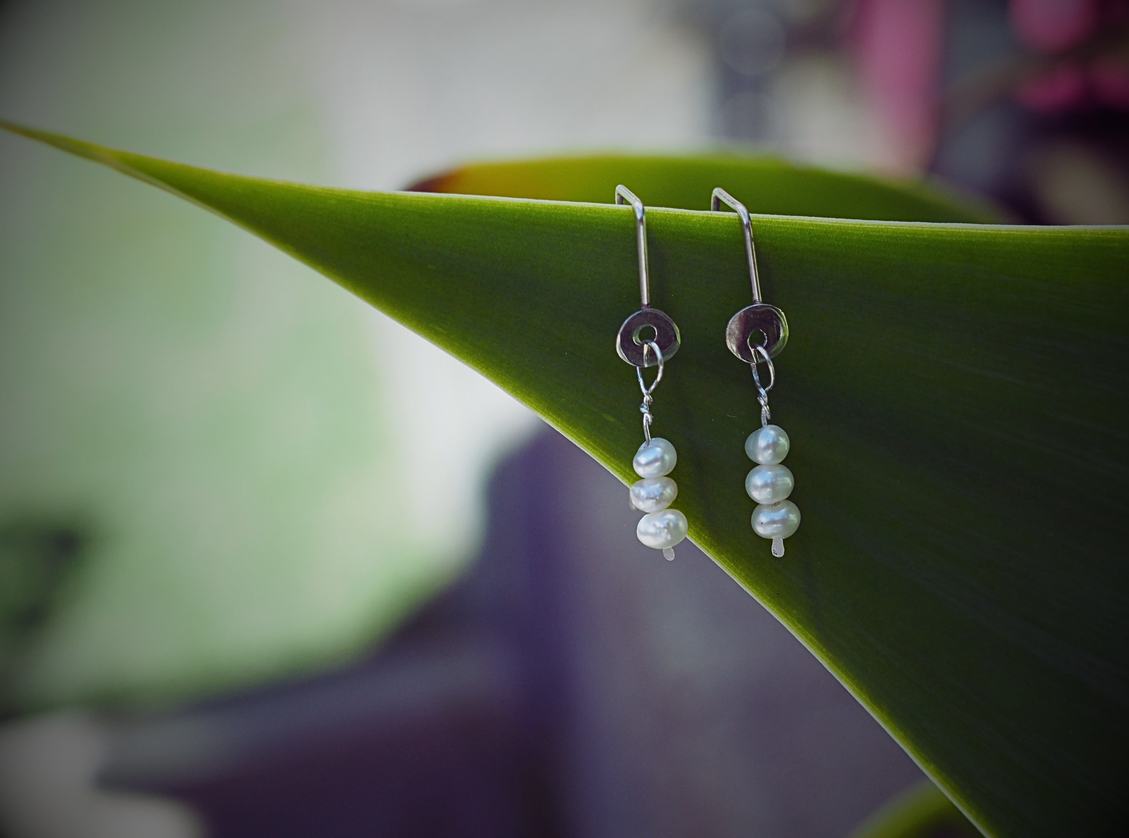 Geometric Threaded Pearl Earrings | Sterling Silver