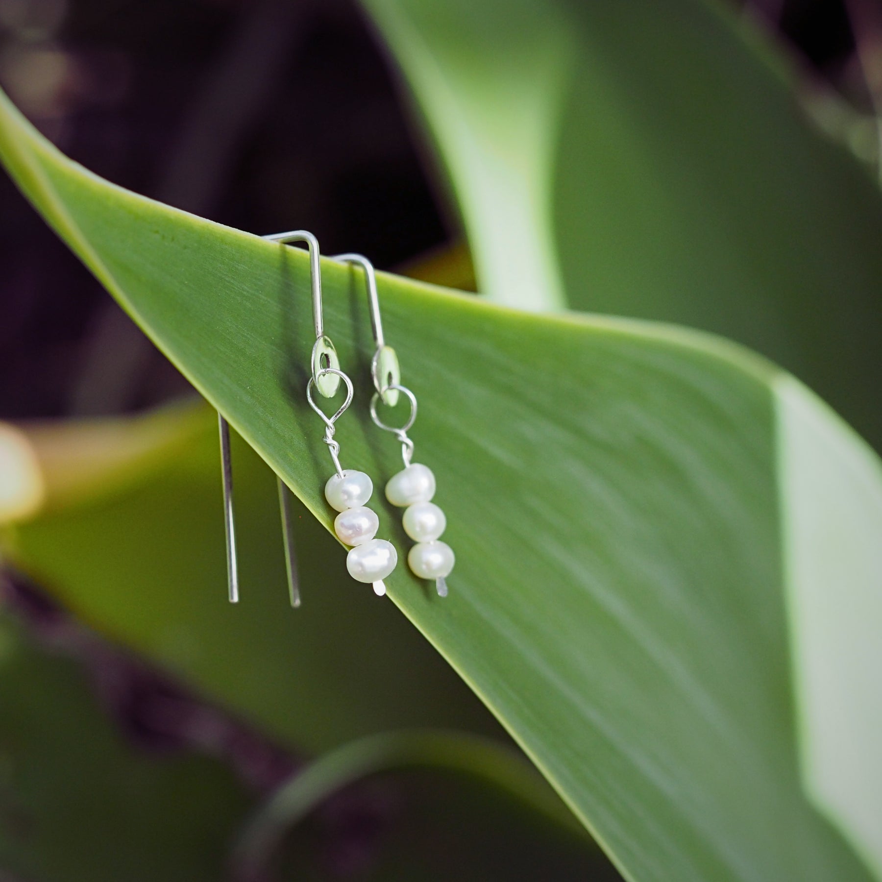 Geometric Threaded Pearl Earrings | Sterling Silver