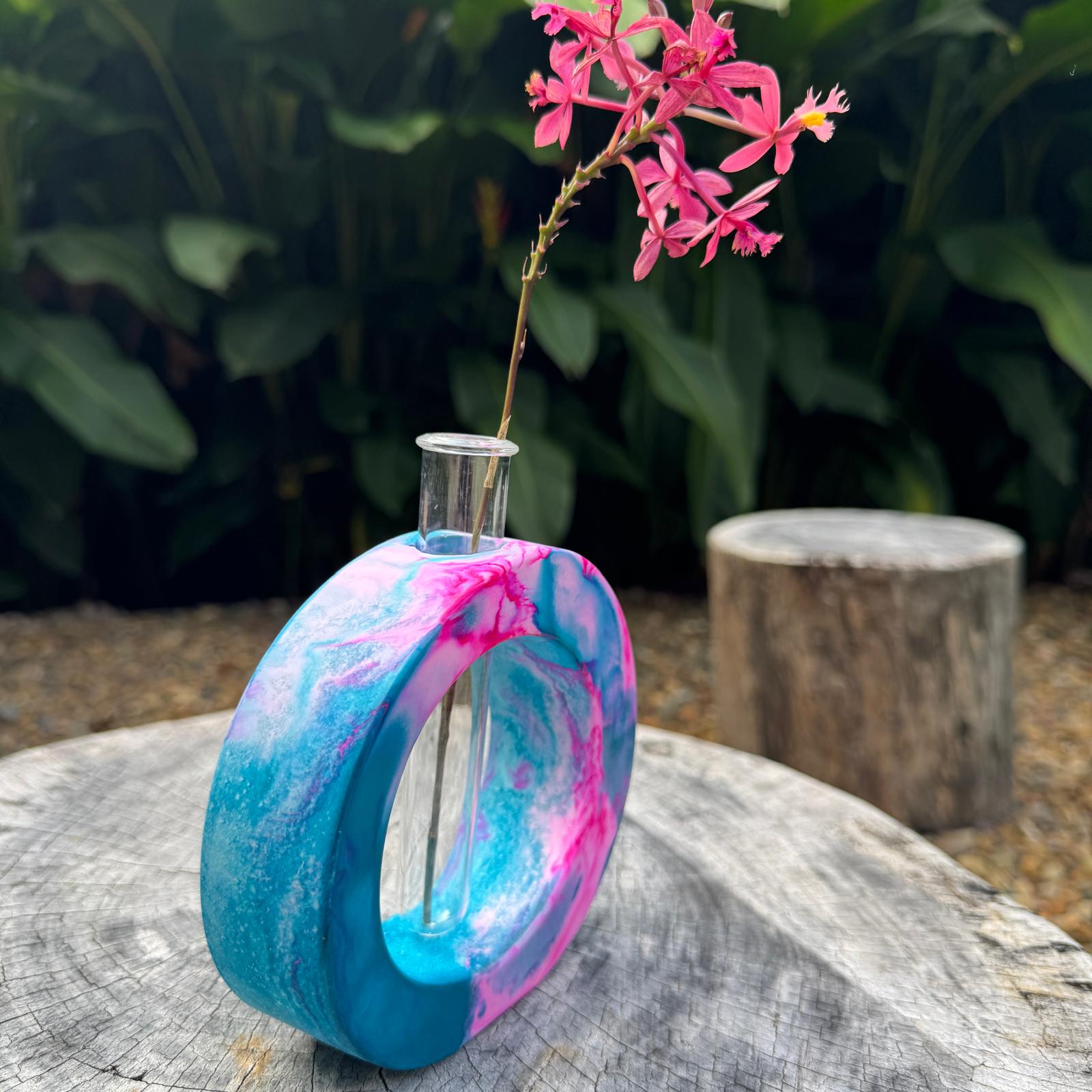 Turquoise and pink concrete test tube single stem vase