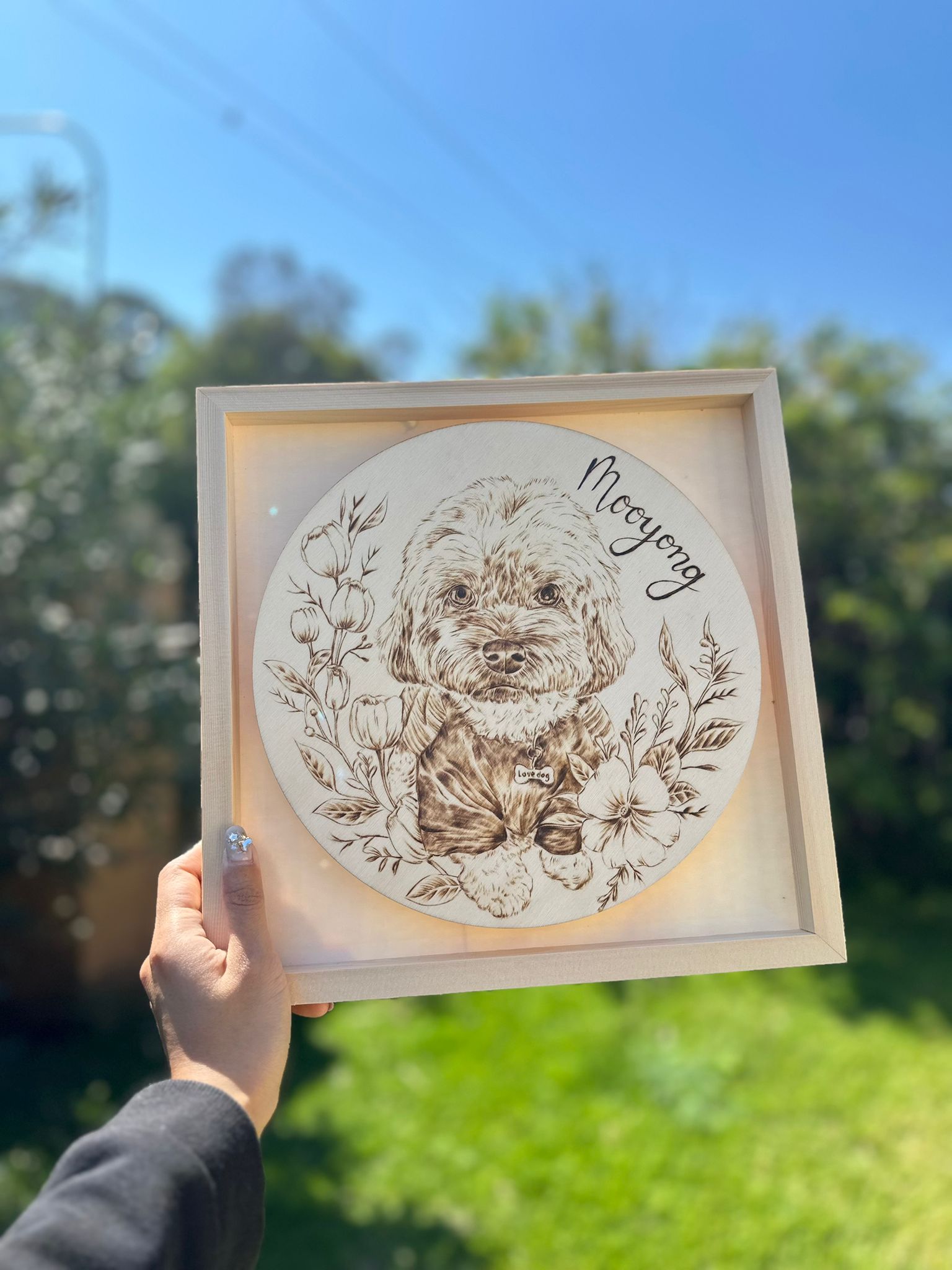 Custom Pet Portrait on Plywood – 30x30 cm Framed Handmade Pyrography Woodburning Art