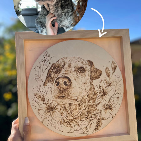 Custom Pet Portrait on Plywood – 30x30 cm Framed Handmade Pyrography Woodburning Art