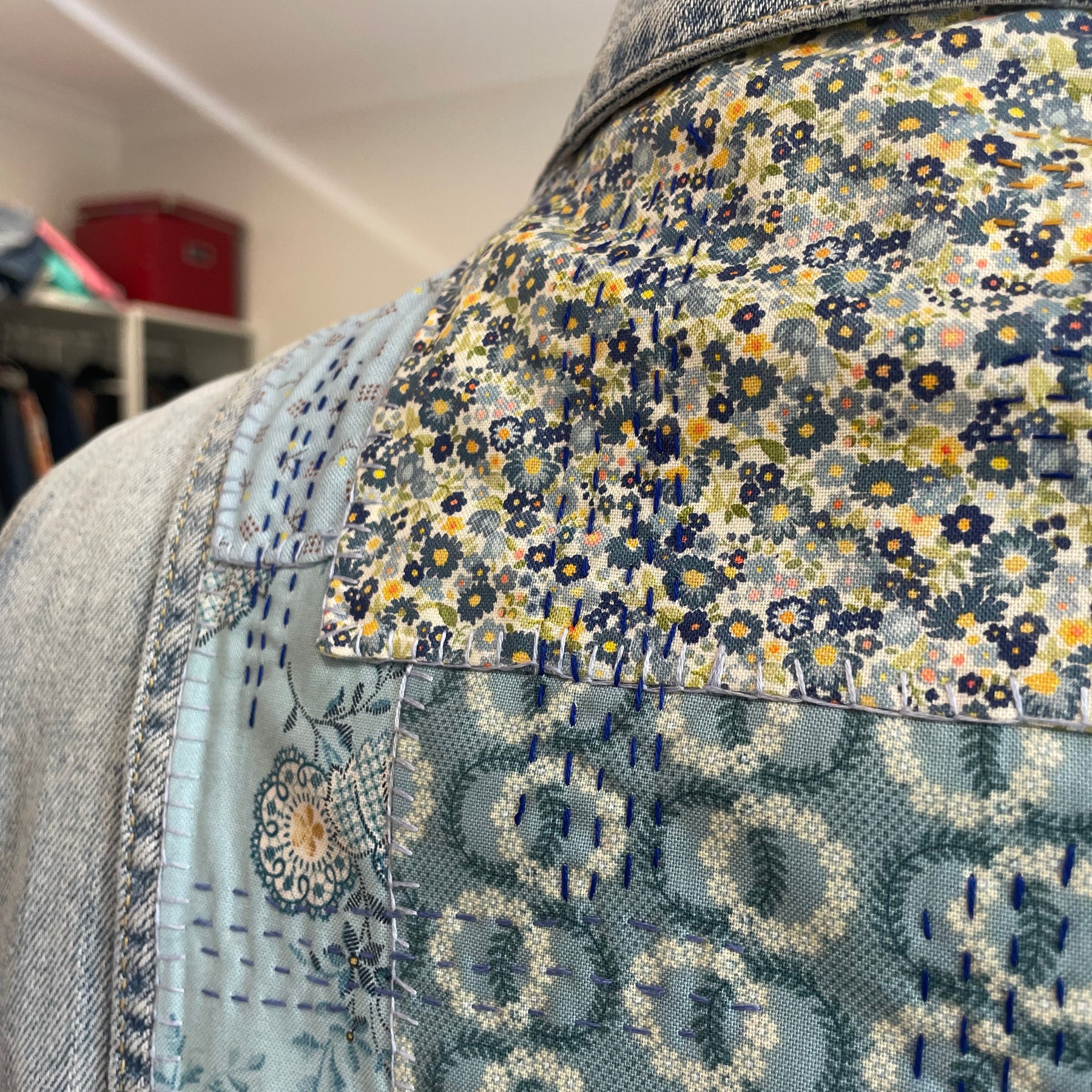 Sashiko Floral Denim Jacket Upcycled Wearable Art