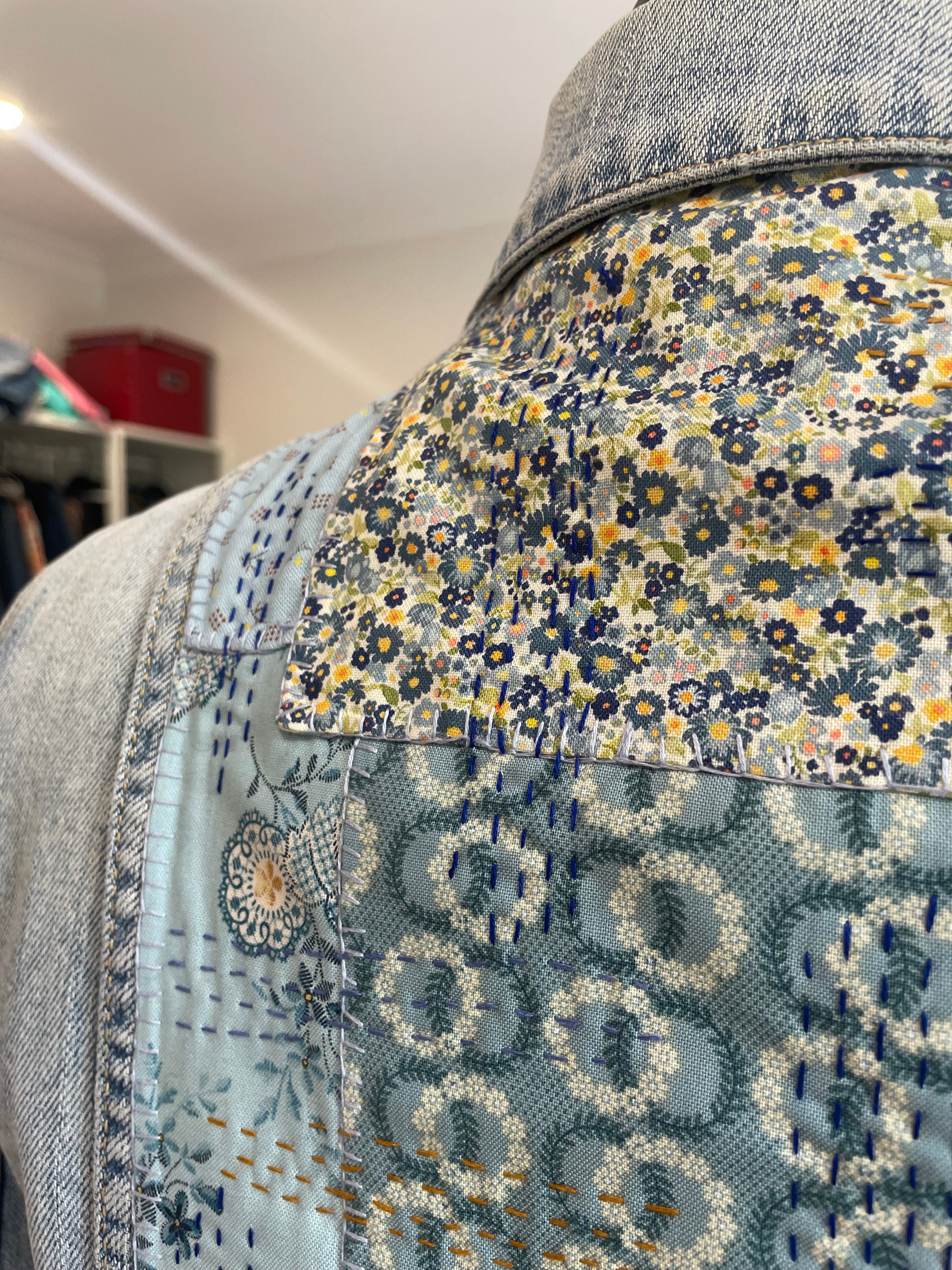Sashiko Floral Denim Jacket Upcycled Wearable Art