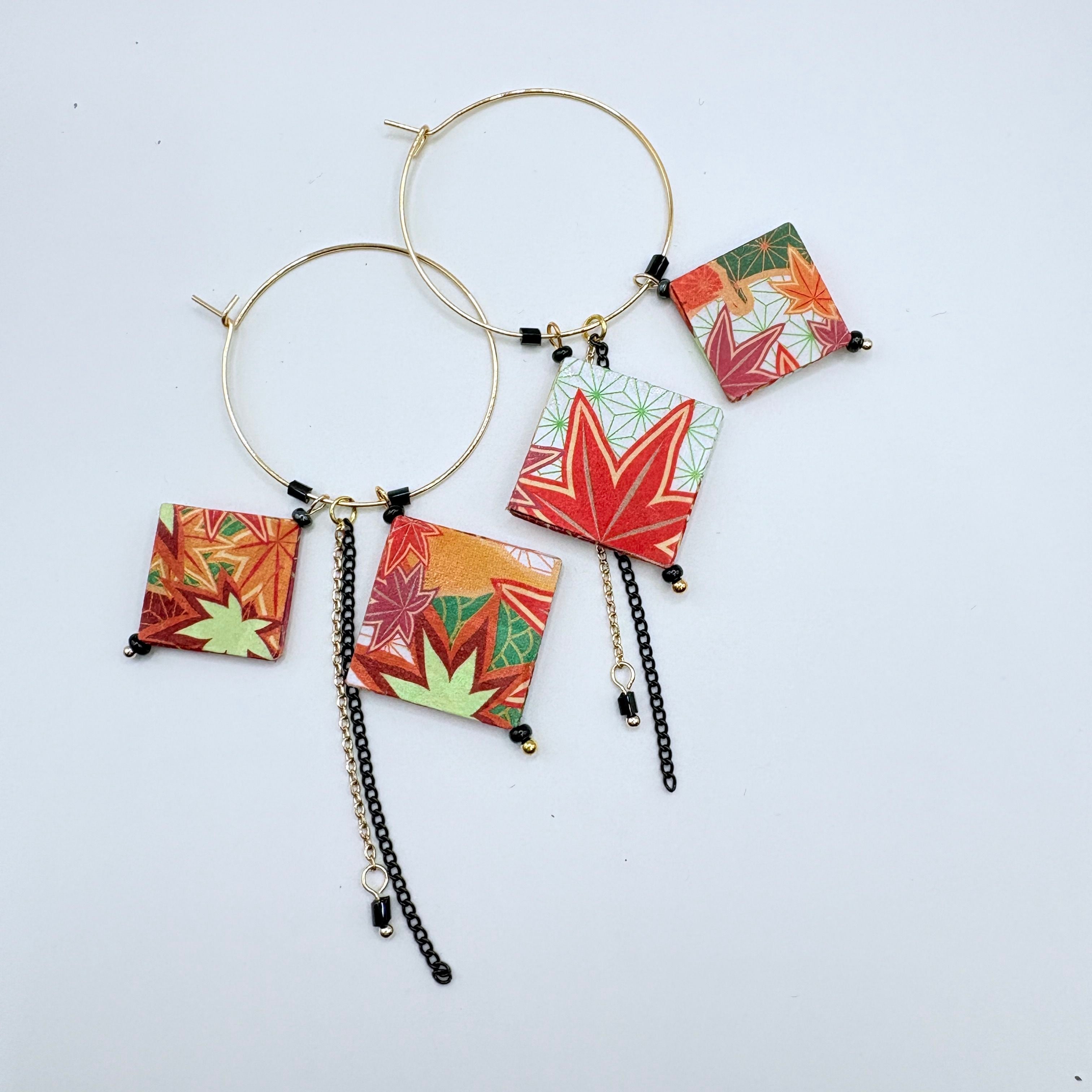 Autumn Leaves Origami Hoop Earrings – Japanese Paper – Gold Hoop Dangles