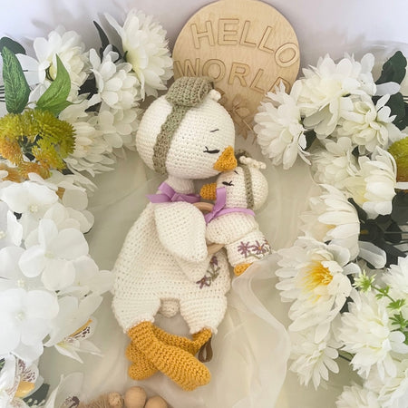 Handmade Crochet Missy Goose Snuggler Teether Baby Gift Set