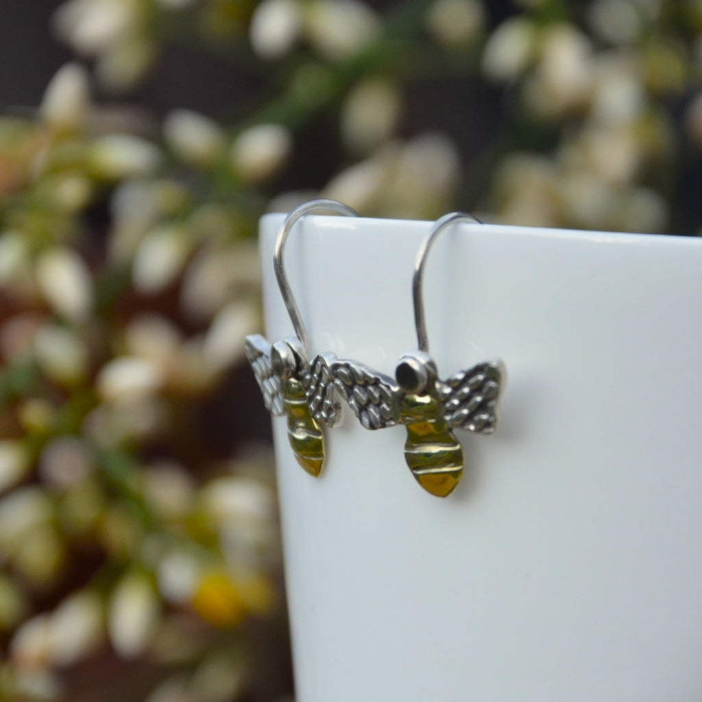 Brass and Silver Bee Dangle Earrings