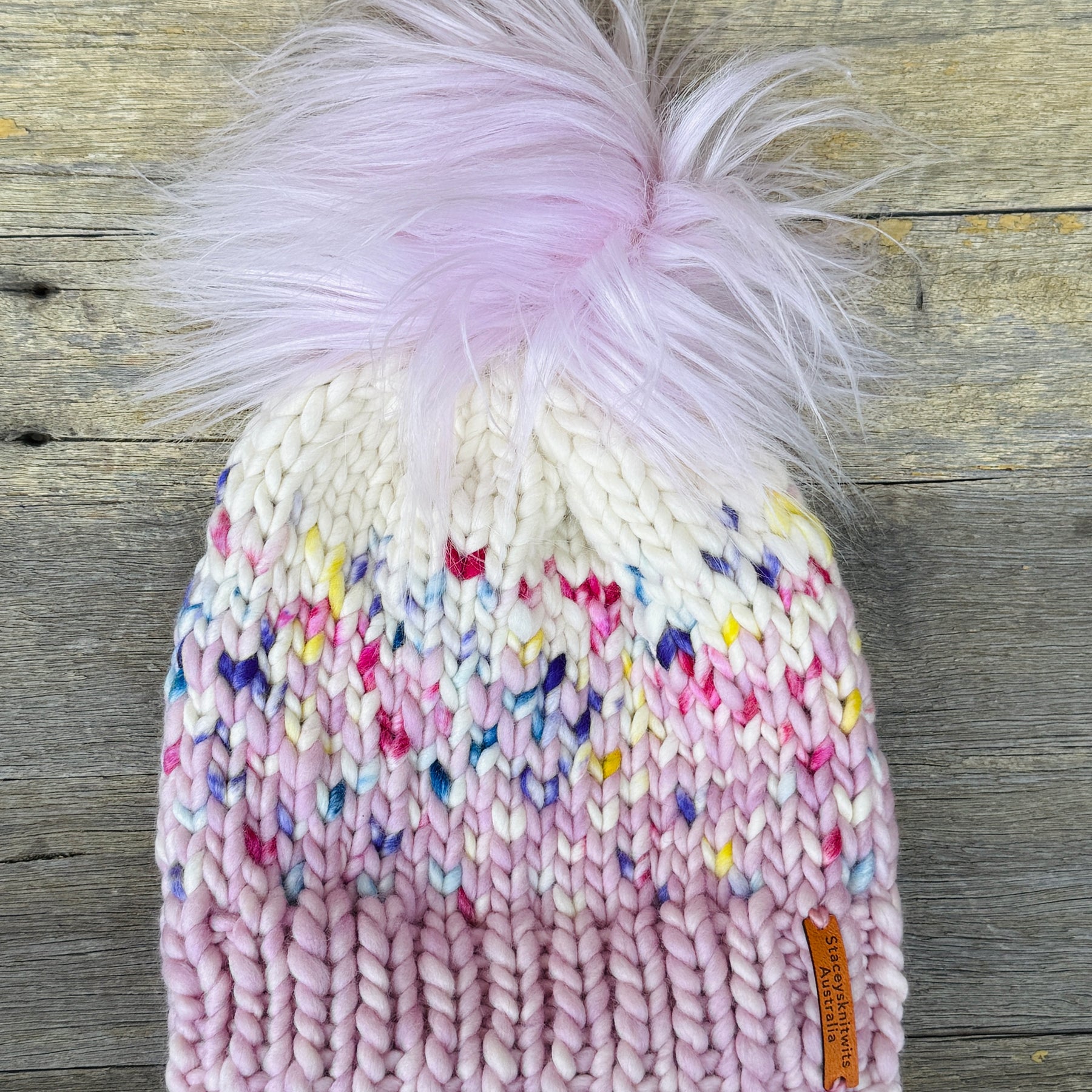 Hand knitted merino beanie, ladies pompom beanie