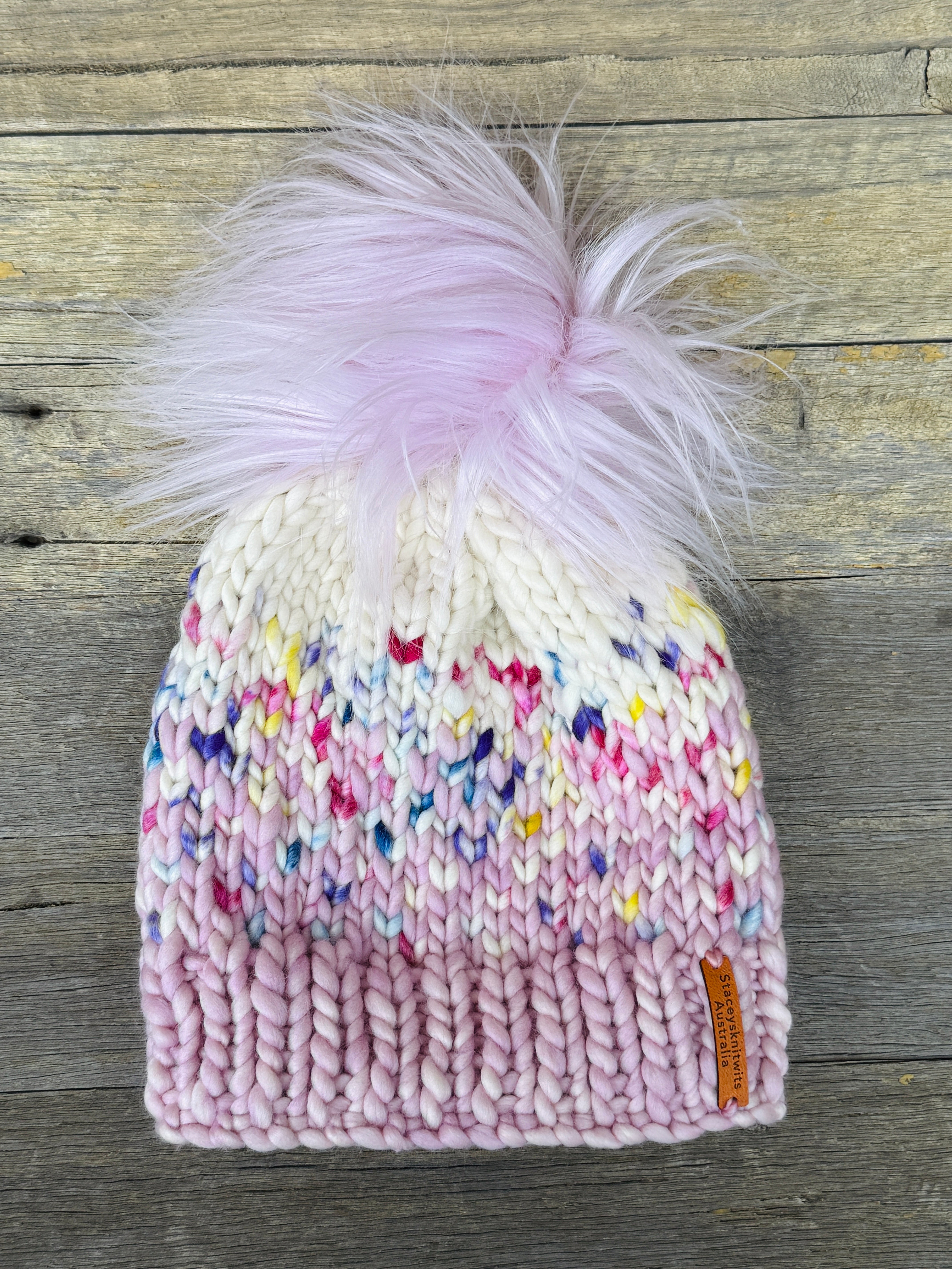 Hand knitted merino beanie, ladies pompom beanie