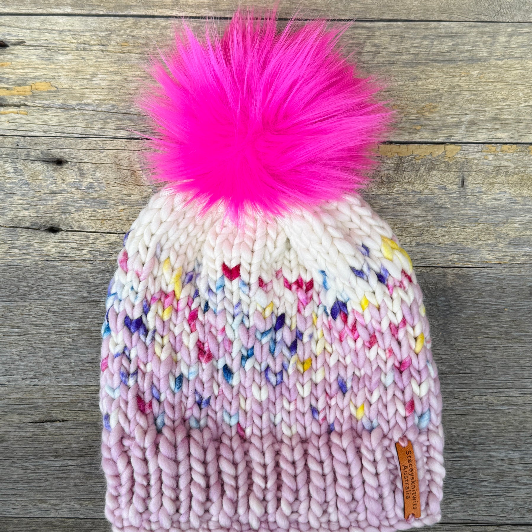 Hand knitted merino beanie, ladies pompom beanie