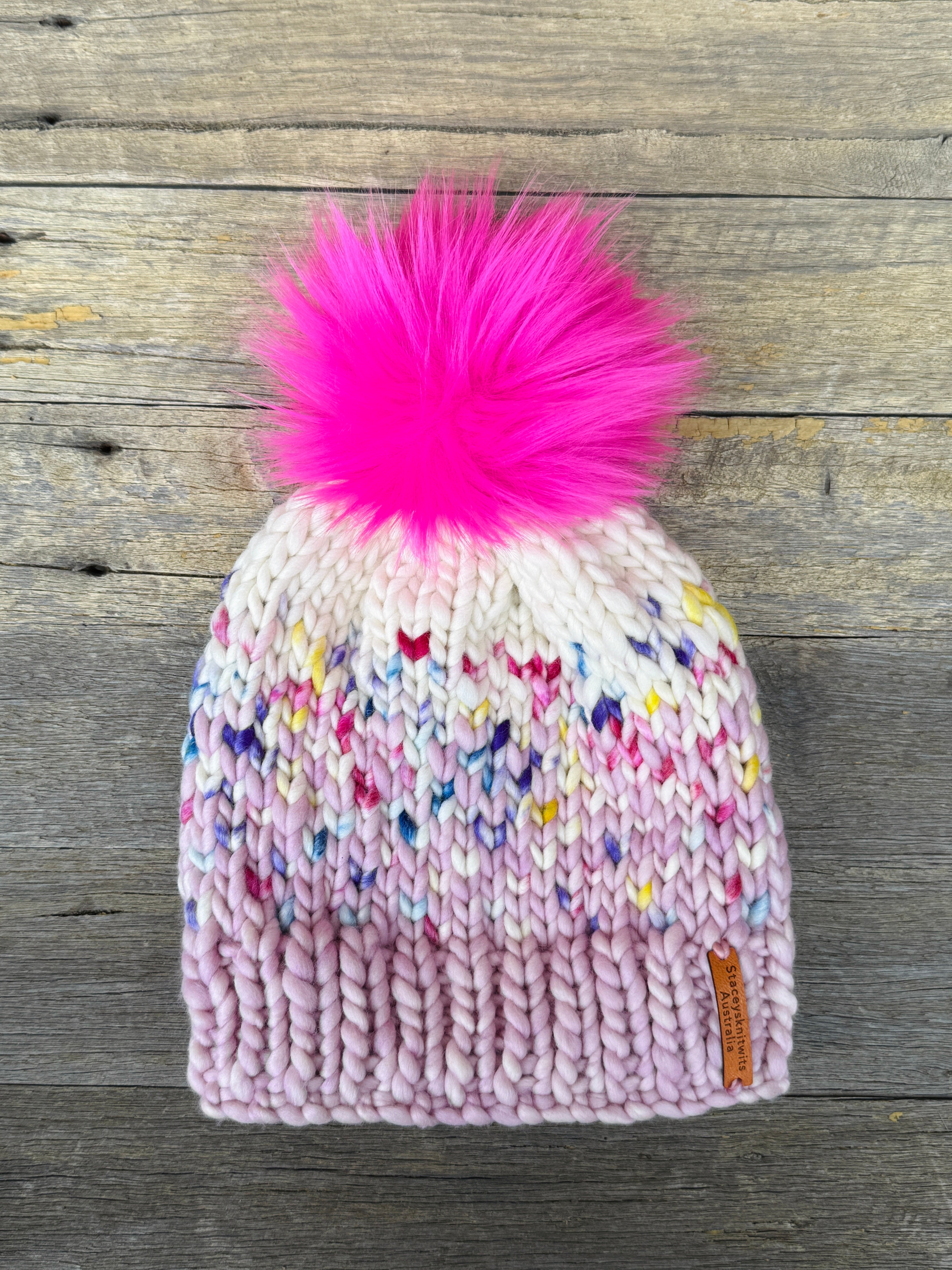 Hand knitted merino beanie, ladies pompom beanie