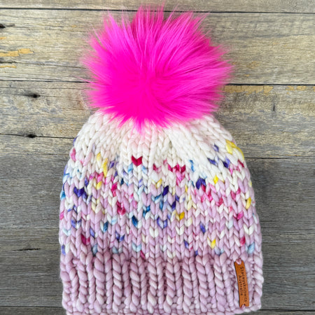 Hand knitted merino beanie, ladies pompom beanie
