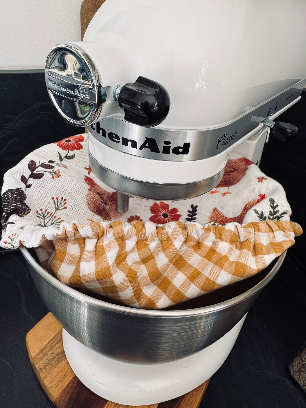 Reversible Cotton Bowl Cover – Muted Mustard Gingham & Country Chickens (Fits KitchenAid & Mason Cash)