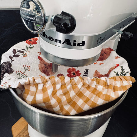 Reversible Cotton Bowl Cover – Gingham & Chickens (Fits KitchenAid & Mason Cash)