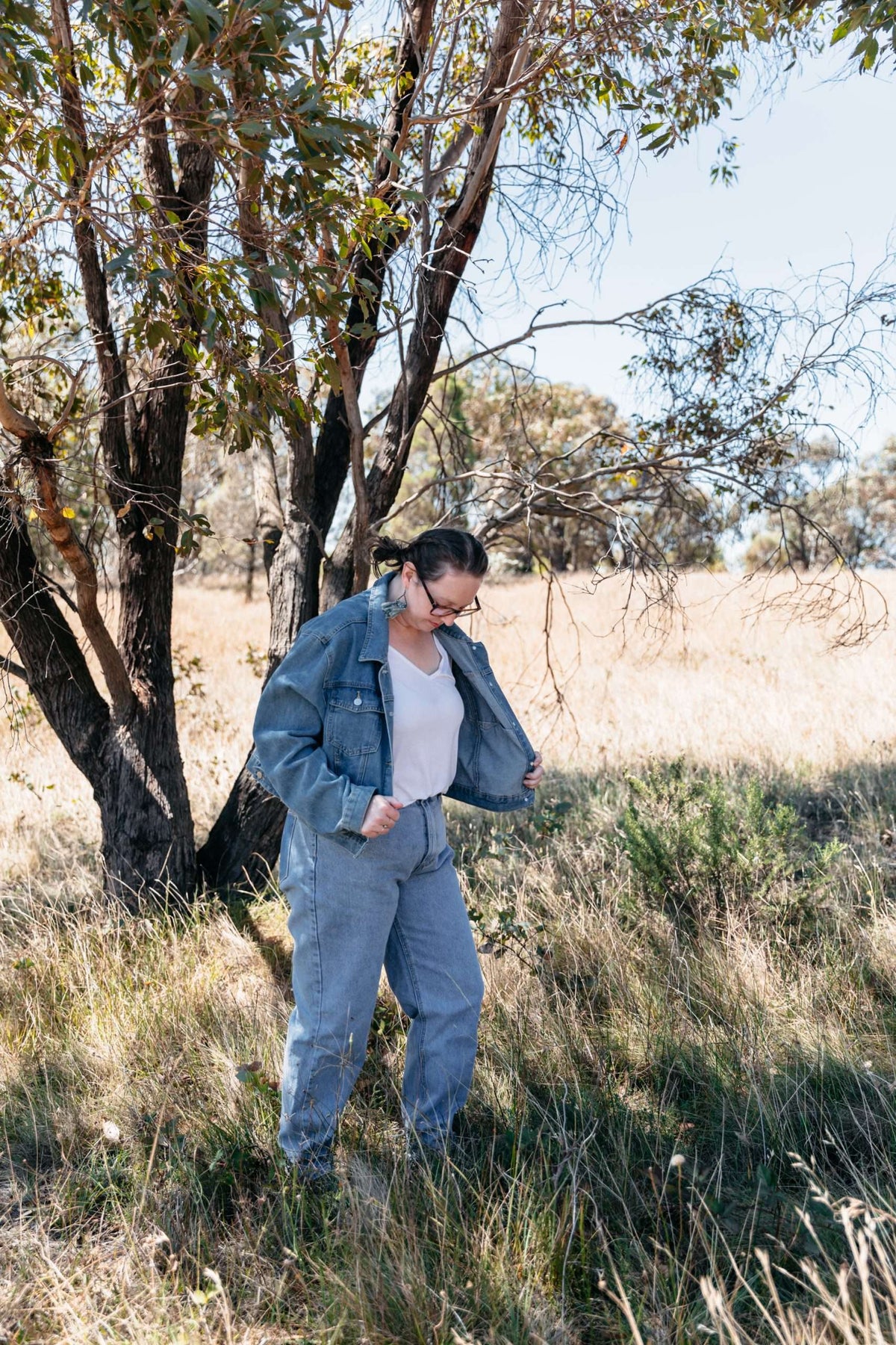 Plus Size Denim Jacket, Tree Fern Print