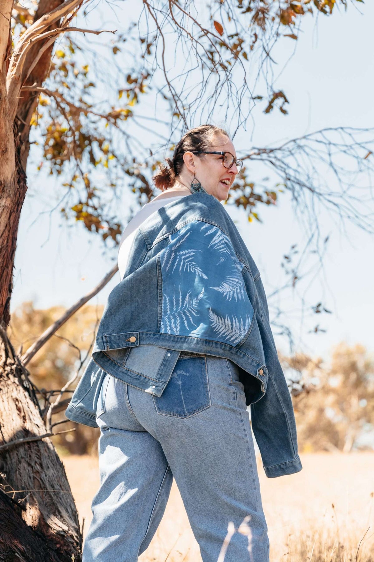 Plus Size Denim Jacket, Tree Fern Print