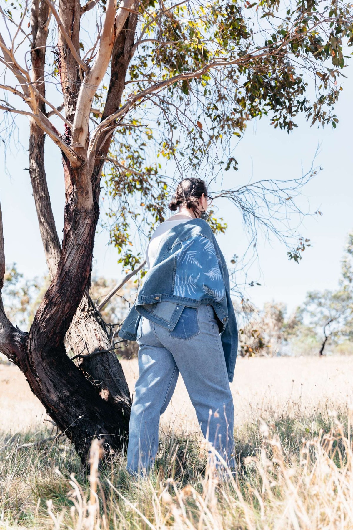 Plus Size Denim Jacket, Tree Fern Print