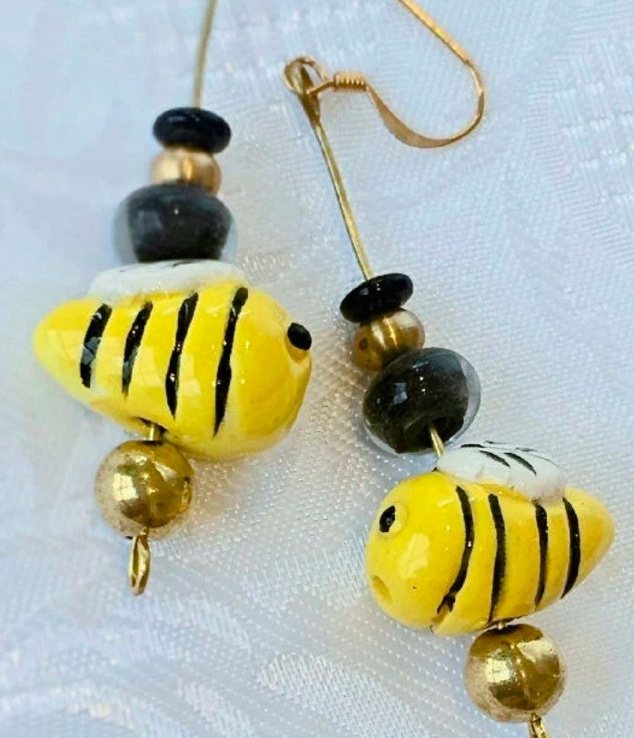 Bumble Bee Earrings! Artisan Made Ceramic Beads FREE POST