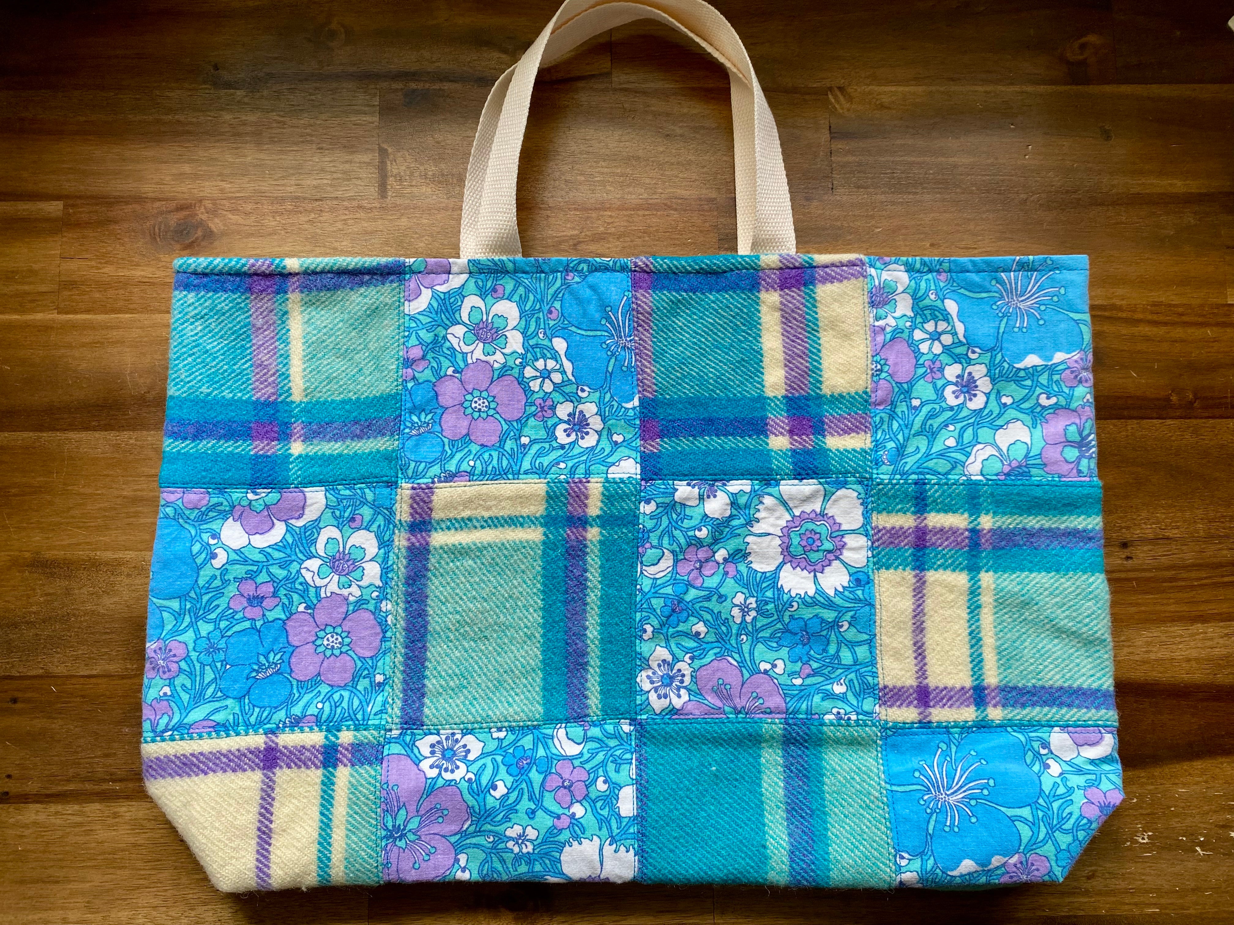 Upcycled Woollen Blanket - Market Tote - Blues Patchwork