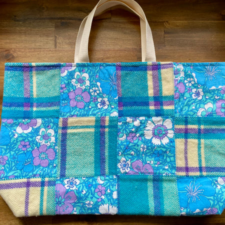 Upcycled Woollen Blanket - Market Tote - Blues Patchwork