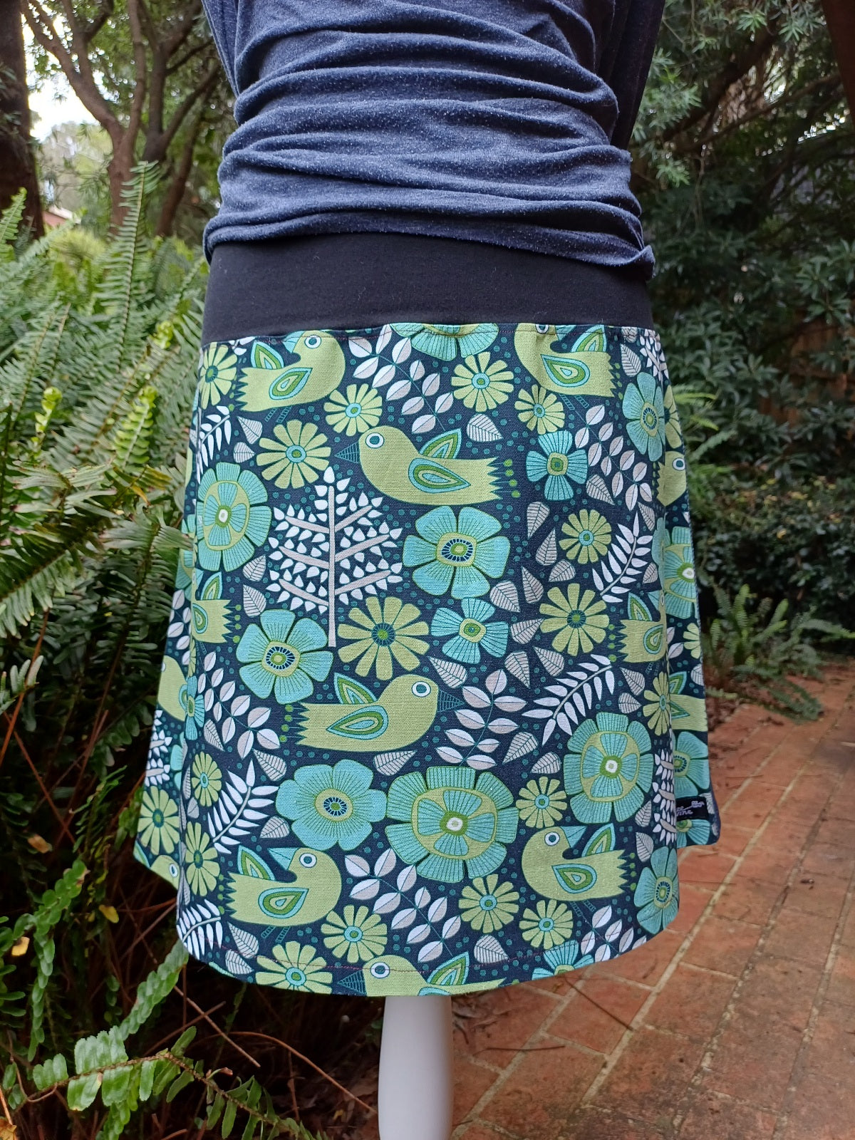 Bird Skirt in Green and Blue with Denim