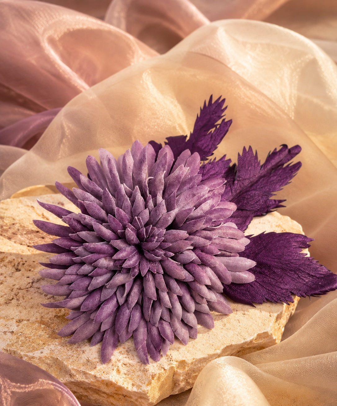 Leather Chrysanthemum "Twilight Amethyst", pin Brooch, hair/hat clip. corsage flower