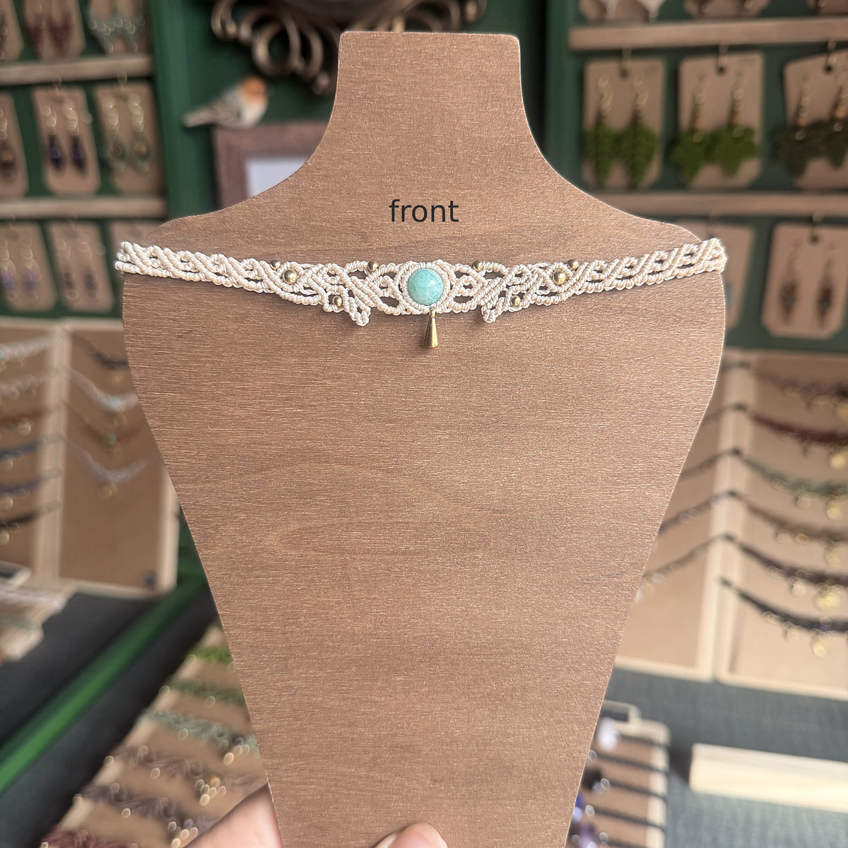 Macrame Filigree Choker with focal gemstone and solid brass drop.