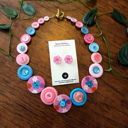 Pink flower necklace and earrings - Rosy Posy