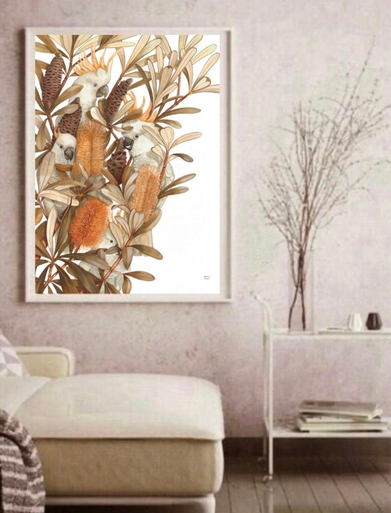 Sulphur Crested Cockatoos and Coastal Banksias art print by Debra Meier Art