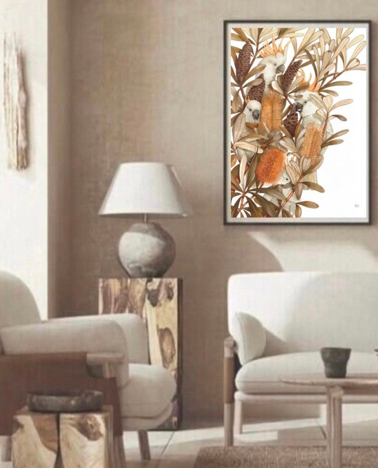 Sulphur Crested Cockatoos and Coastal Banksias art print by Debra Meier Art