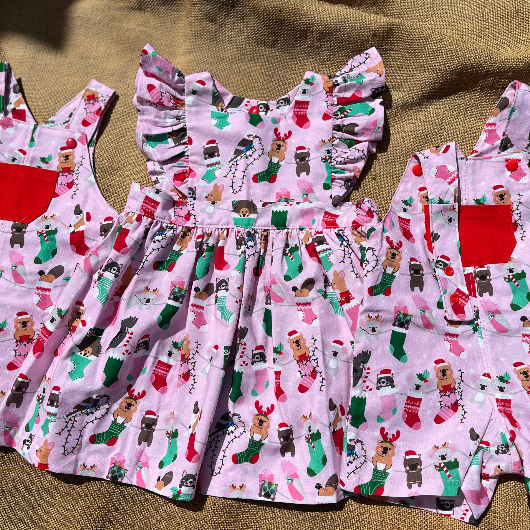Christmas Pinafore Dress | Handmade Toddler Girls Outfit | Aussie Animals in Stockings