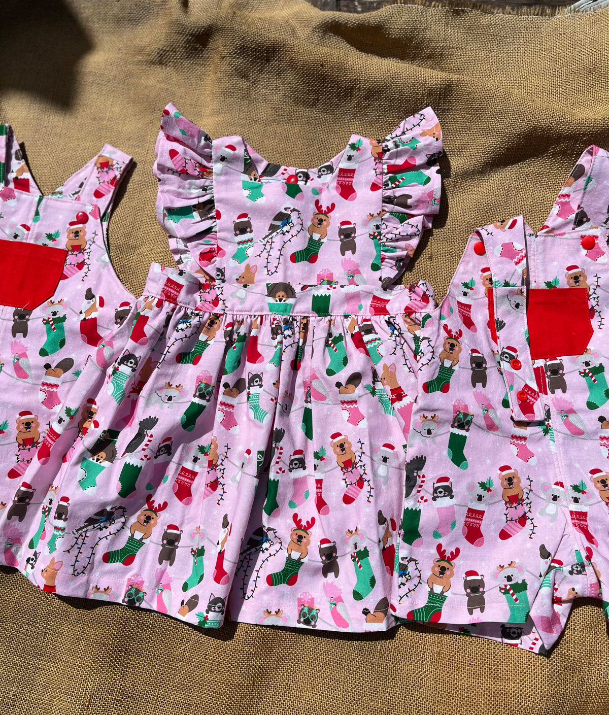 Christmas Pinafore Dress | Handmade Toddler Girls Outfit | Aussie Animals in Stockings