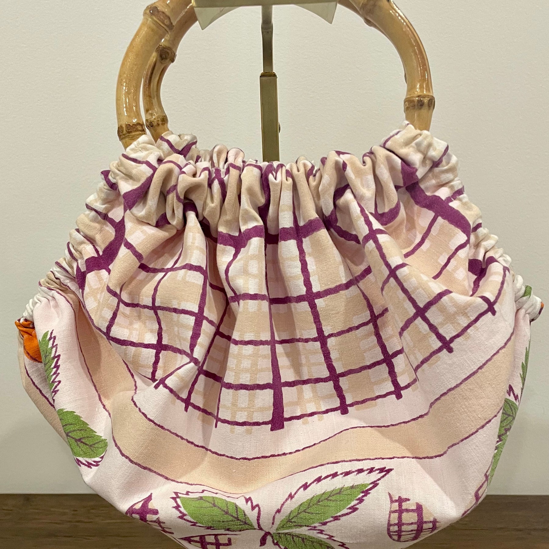 Handmade Granny Bag – Reclaimed Tablecloth with Cane Handles